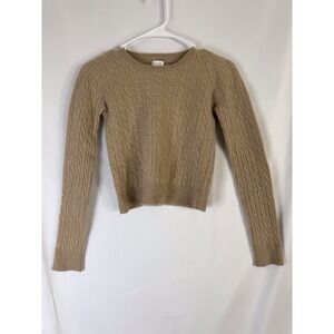 AQUA 100% Cashmere Cable Knit Sweater Size Small Tan Camel Crewneck Soft Luxury